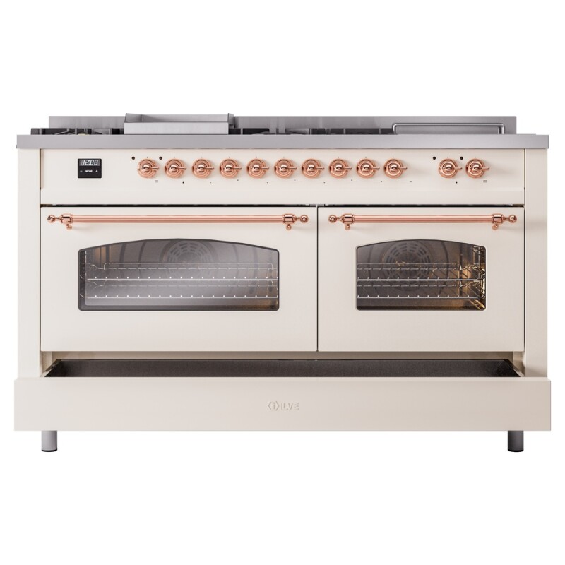 Nostalgie II 60 UP60FSNMPAWP Freestanding Dual Fuel Range with 7 Sealed Burners with Griddle and French Top Double Oven with Triple Glass Door with Copper knobs UP60FSNMPAWPLP