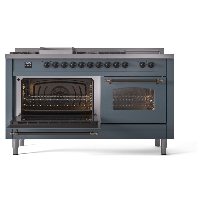 Nostalgie II 60 UP60FSNMPBGB Freestanding Dual Fuel Range with 7 Sealed Burners with Griddle and French Top Double Oven with Triple Glass Door with Bronze knobs UP60FSNMPBGB
