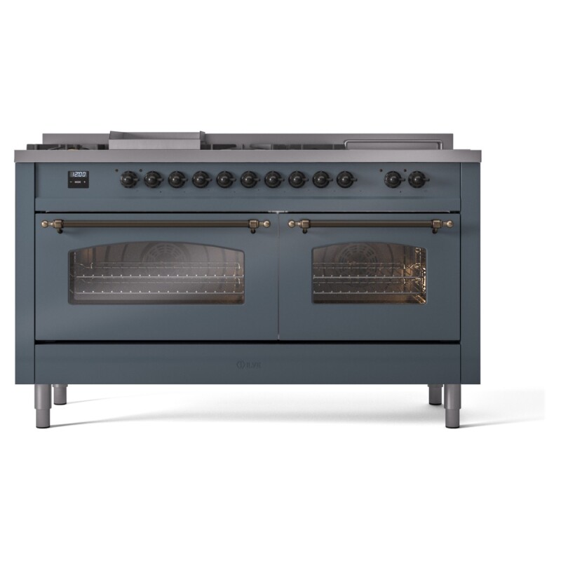 Nostalgie II 60 UP60FSNMPBGB Freestanding Dual Fuel Range with 7 Sealed Burners with Griddle and French Top Double Oven with Triple Glass Door with Bronze knobs UP60FSNMPBGBLP