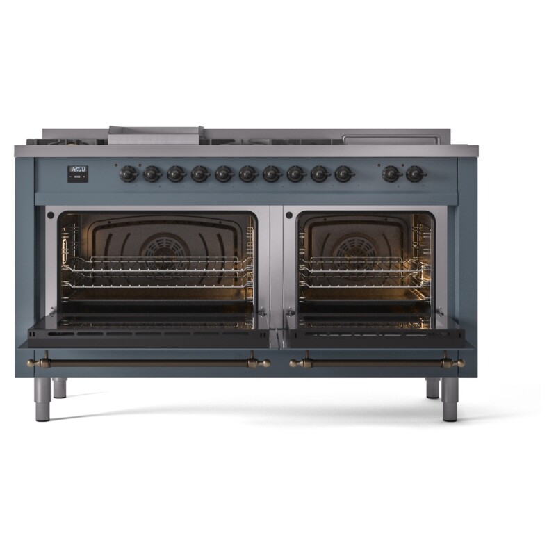 Nostalgie II 60 UP60FSNMPBGB Freestanding Dual Fuel Range with 7 Sealed Burners with Griddle and French Top Double Oven with Triple Glass Door with Bronze knobs UP60FSNMPBGBLP