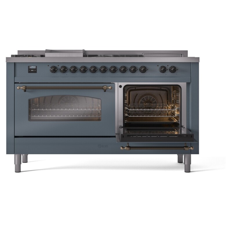 Nostalgie II 60 UP60FSNMPBGB Freestanding Dual Fuel Range with 7 Sealed Burners with Griddle and French Top Double Oven with Triple Glass Door with Bronze knobs UP60FSNMPBGBLP