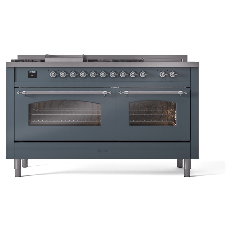 Nostalgie II 60 UP60FSNMPBGC Freestanding Dual Fuel Range with 7 Sealed Burners with Griddle and French Top Double Oven with Triple Glass Door with Chrome knobs UP60FSNMPBGC