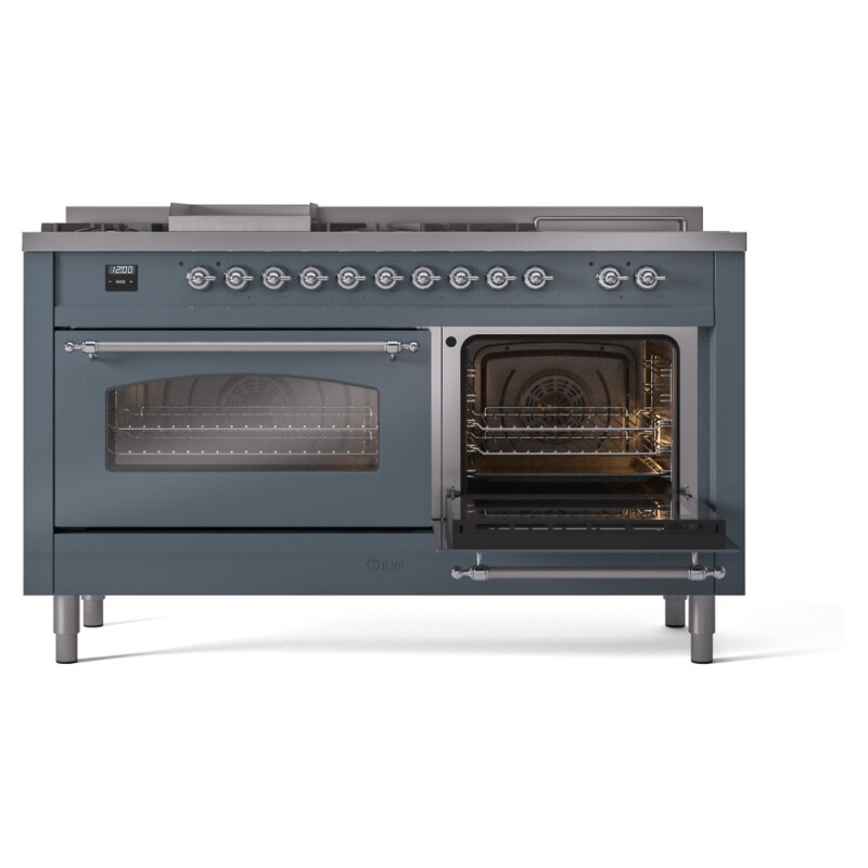 Nostalgie II 60 UP60FSNMPBGC Freestanding Dual Fuel Range with 7 Sealed Burners with Griddle and French Top Double Oven with Triple Glass Door with Chrome knobs UP60FSNMPBGC