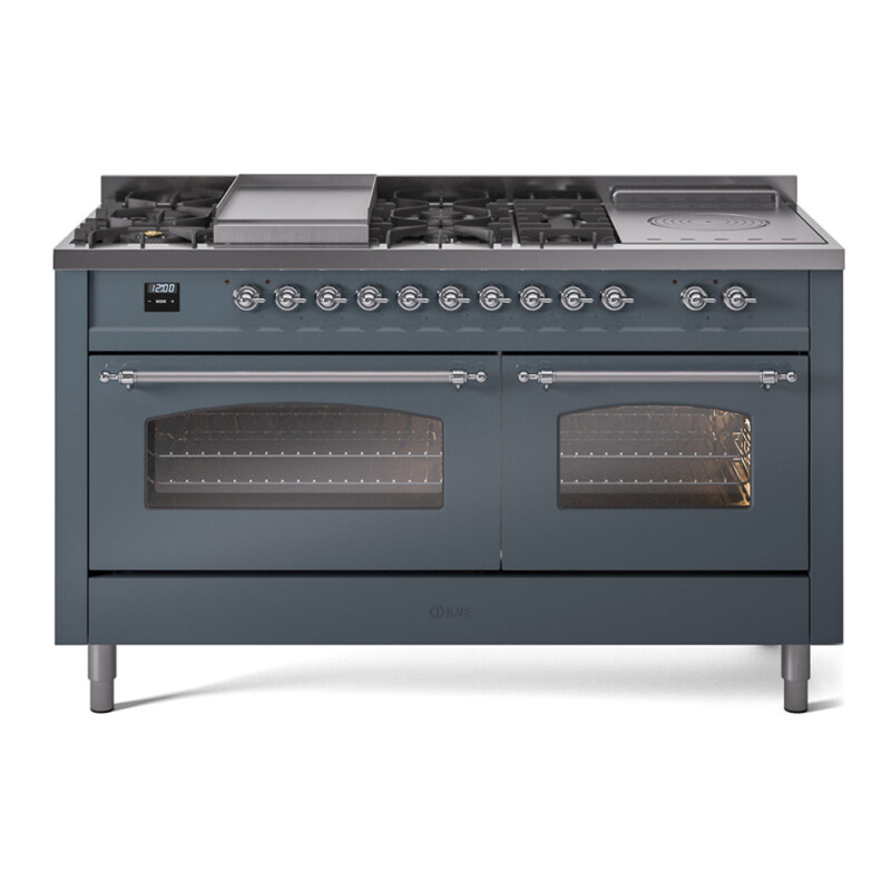 Nostalgie II 60 UP60FSNMPBGC Freestanding Dual Fuel Range with 7 Sealed Burners with Griddle and French Top Double Oven with Triple Glass Door with Chrome knobs UP60FSNMPBGCLP
