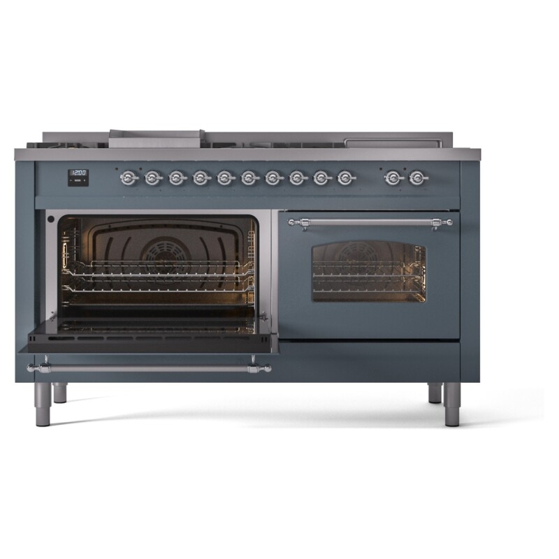 Nostalgie II 60 UP60FSNMPBGC Freestanding Dual Fuel Range with 7 Sealed Burners with Griddle and French Top Double Oven with Triple Glass Door with Chrome knobs UP60FSNMPBGCLP