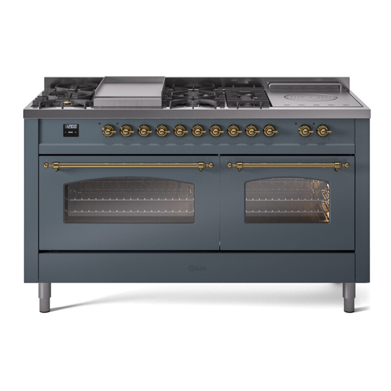 Nostalgie II 60 UP60FSNMPBGG Freestanding Dual Fuel Range with 7 Sealed Burners with Griddle and French Top Double Oven with Triple Glass Door with Brass knobs UP60FSNMPBGG