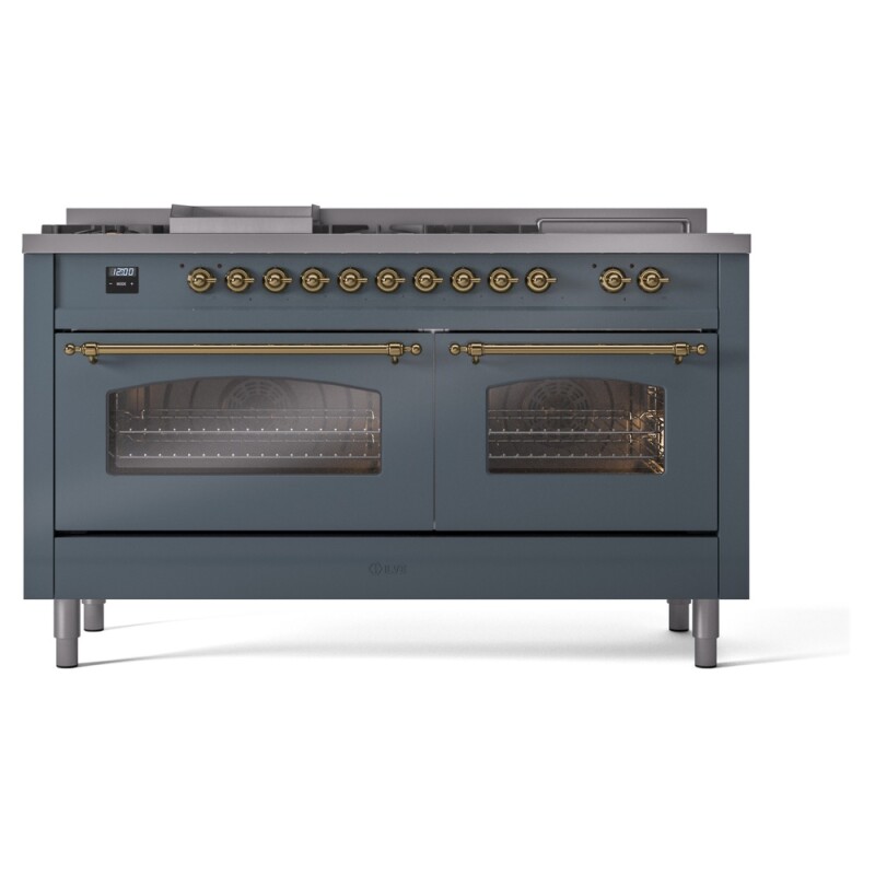 Nostalgie II 60 UP60FSNMPBGG Freestanding Dual Fuel Range with 7 Sealed Burners with Griddle and French Top Double Oven with Triple Glass Door with Brass knobs UP60FSNMPBGG