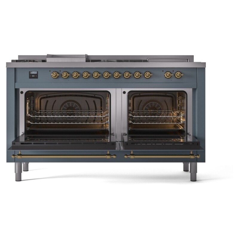 Nostalgie II 60 UP60FSNMPBGG Freestanding Dual Fuel Range with 7 Sealed Burners with Griddle and French Top Double Oven with Triple Glass Door with Brass knobs UP60FSNMPBGG