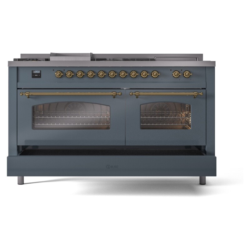 Nostalgie II 60 UP60FSNMPBGG Freestanding Dual Fuel Range with 7 Sealed Burners with Griddle and French Top Double Oven with Triple Glass Door with Brass knobs UP60FSNMPBGG