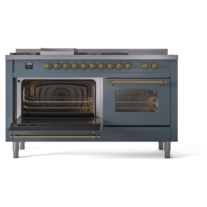 Nostalgie II 60 UP60FSNMPBGG Freestanding Dual Fuel Range with 7 Sealed Burners with Griddle and French Top Double Oven with Triple Glass Door with Brass knobs UP60FSNMPBGGLP