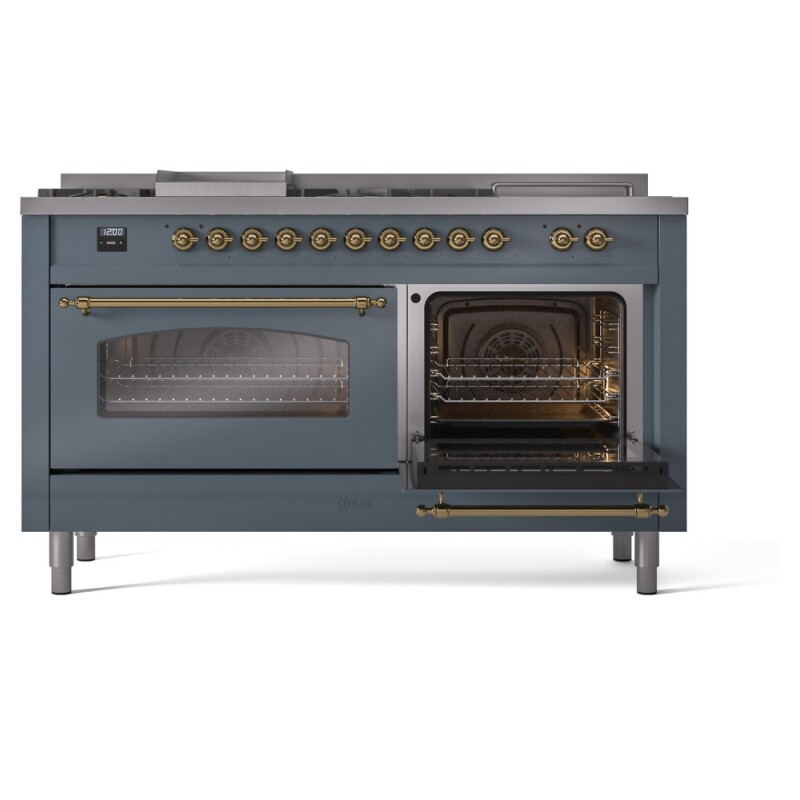 Nostalgie II 60 UP60FSNMPBGG Freestanding Dual Fuel Range with 7 Sealed Burners with Griddle and French Top Double Oven with Triple Glass Door with Brass knobs UP60FSNMPBGGLP