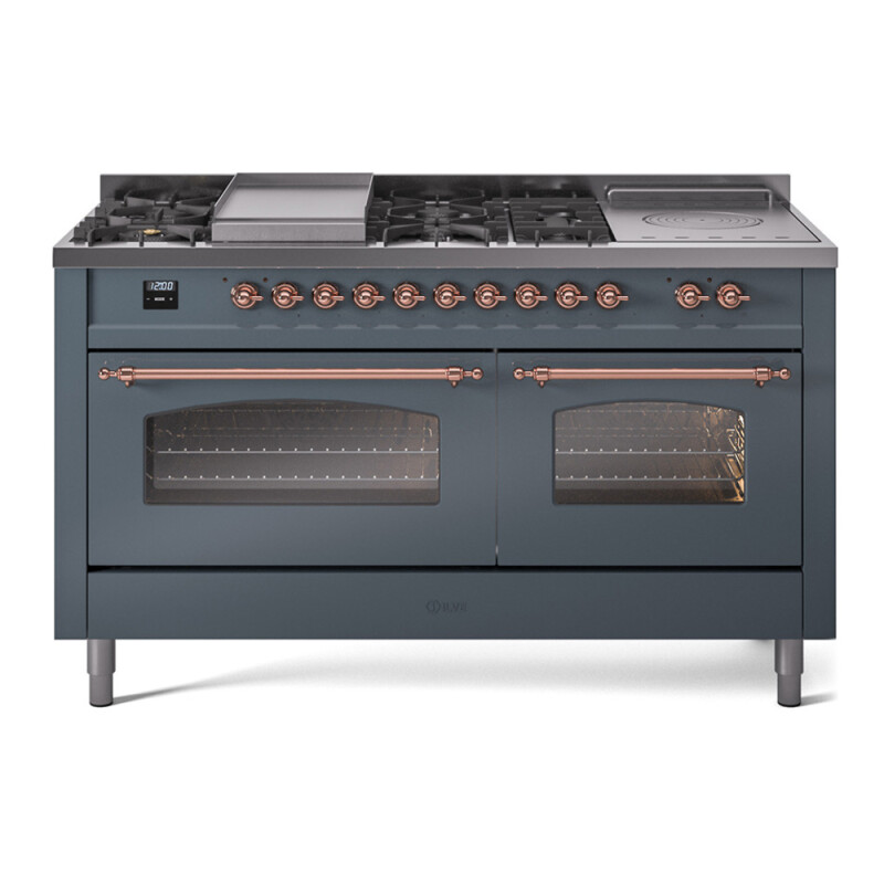 Nostalgie II 60 UP60FSNMPBGP Freestanding Dual Fuel Range with 7 Sealed Burners with Griddle and French Top Double Oven with Triple Glass Door with Copper knobs UP60FSNMPBGPLP