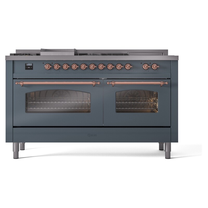 Nostalgie II 60 UP60FSNMPBGP Freestanding Dual Fuel Range with 7 Sealed Burners with Griddle and French Top Double Oven with Triple Glass Door with Copper knobs UP60FSNMPBGPLP