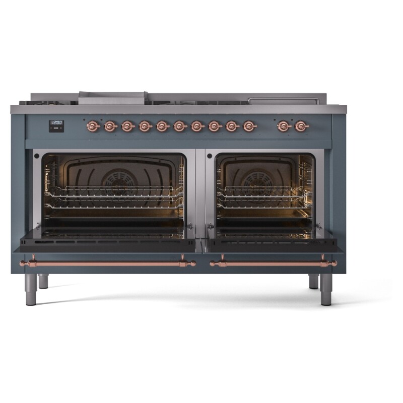 Nostalgie II 60 UP60FSNMPBGP Freestanding Dual Fuel Range with 7 Sealed Burners with Griddle and French Top Double Oven with Triple Glass Door with Copper knobs UP60FSNMPBGPLP