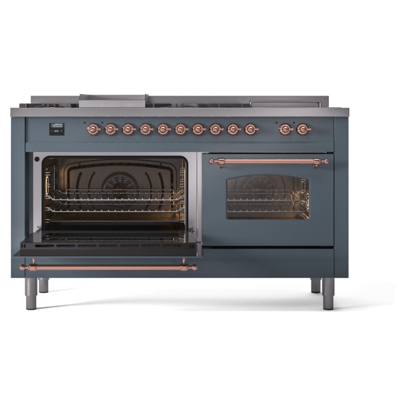 Nostalgie II 60 UP60FSNMPBGP Freestanding Dual Fuel Range with 7 Sealed Burners with Griddle and French Top Double Oven with Triple Glass Door with Copper knobs UP60FSNMPBGPLP
