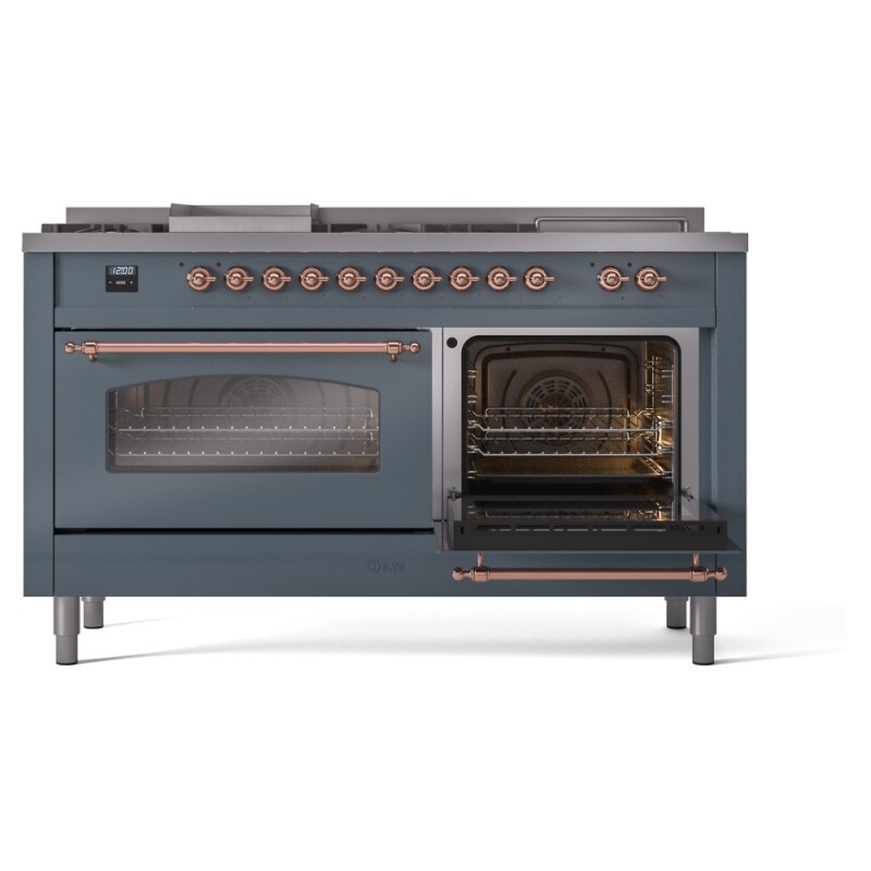 Nostalgie II 60 UP60FSNMPBGP Freestanding Dual Fuel Range with 7 Sealed Burners with Griddle and French Top Double Oven with Triple Glass Door with Copper knobs UP60FSNMPBGPLP