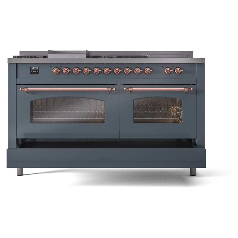 Nostalgie II 60 UP60FSNMPBGP Freestanding Dual Fuel Range with 7 Sealed Burners with Griddle and French Top Double Oven with Triple Glass Door with Copper knobs UP60FSNMPBGPLP