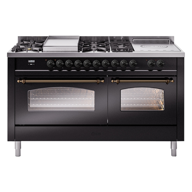 Nostalgie II 60 UP60FSNMPBKB Freestanding Dual Fuel Range with 7 Sealed Burners with Griddle and French Top Double Oven with Triple Glass Door with Bronze knobs UP60FSNMPBKB