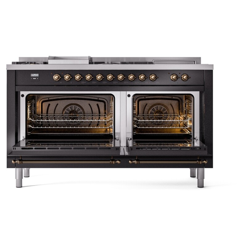 Nostalgie II 60 UP60FSNMPBKB Freestanding Dual Fuel Range with 7 Sealed Burners with Griddle and French Top Double Oven with Triple Glass Door with Bronze knobs UP60FSNMPBKB