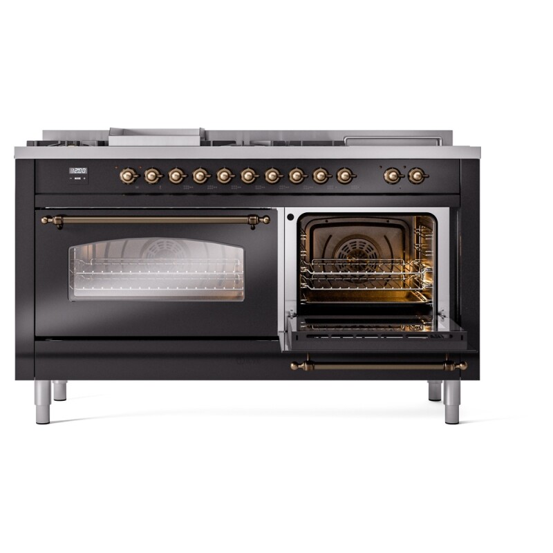 Nostalgie II 60 UP60FSNMPBKB Freestanding Dual Fuel Range with 7 Sealed Burners with Griddle and French Top Double Oven with Triple Glass Door with Bronze knobs UP60FSNMPBKB