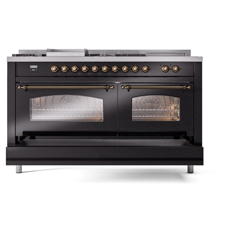 Nostalgie II 60 UP60FSNMPBKB Freestanding Dual Fuel Range with 7 Sealed Burners with Griddle and French Top Double Oven with Triple Glass Door with Bronze knobs UP60FSNMPBKB