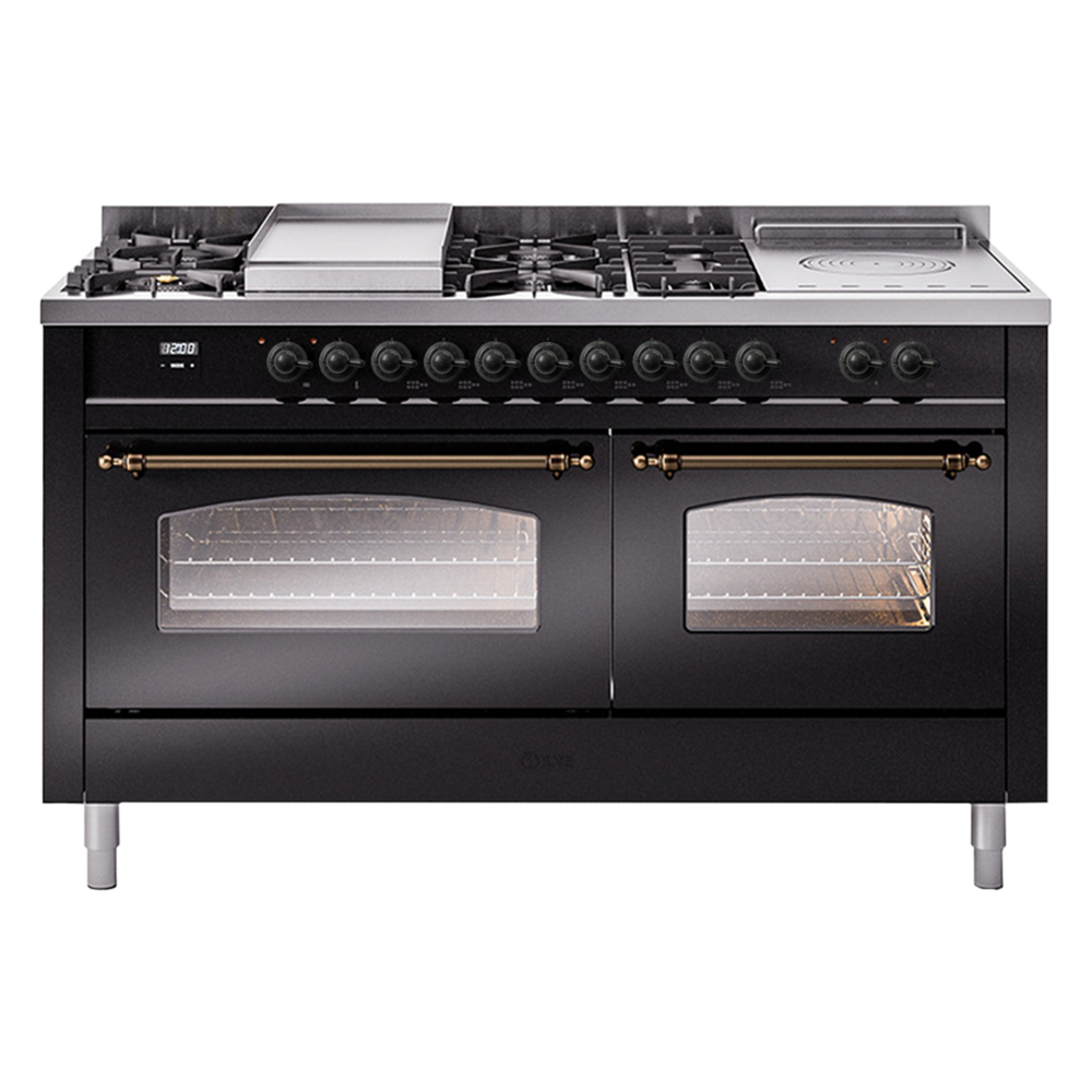 Nostalgie II 60 UP60FSNMPBKB Freestanding Dual Fuel Range with 7 Sealed Burners with Griddle and French Top Double Oven with Triple Glass Door with Bronze knobs UP60FSNMPBKBLP