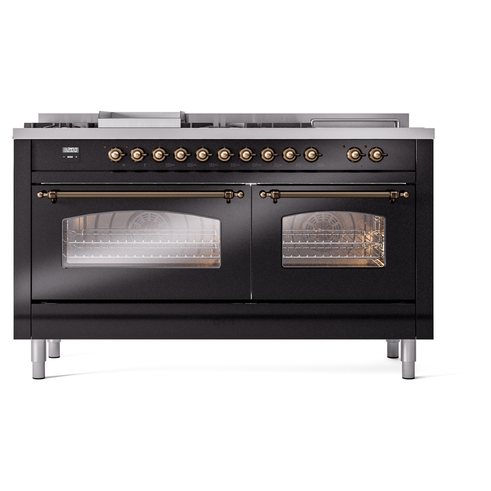 Nostalgie II 60 UP60FSNMPBKB Freestanding Dual Fuel Range with 7 Sealed Burners with Griddle and French Top Double Oven with Triple Glass Door with Bronze knobs UP60FSNMPBKBLP