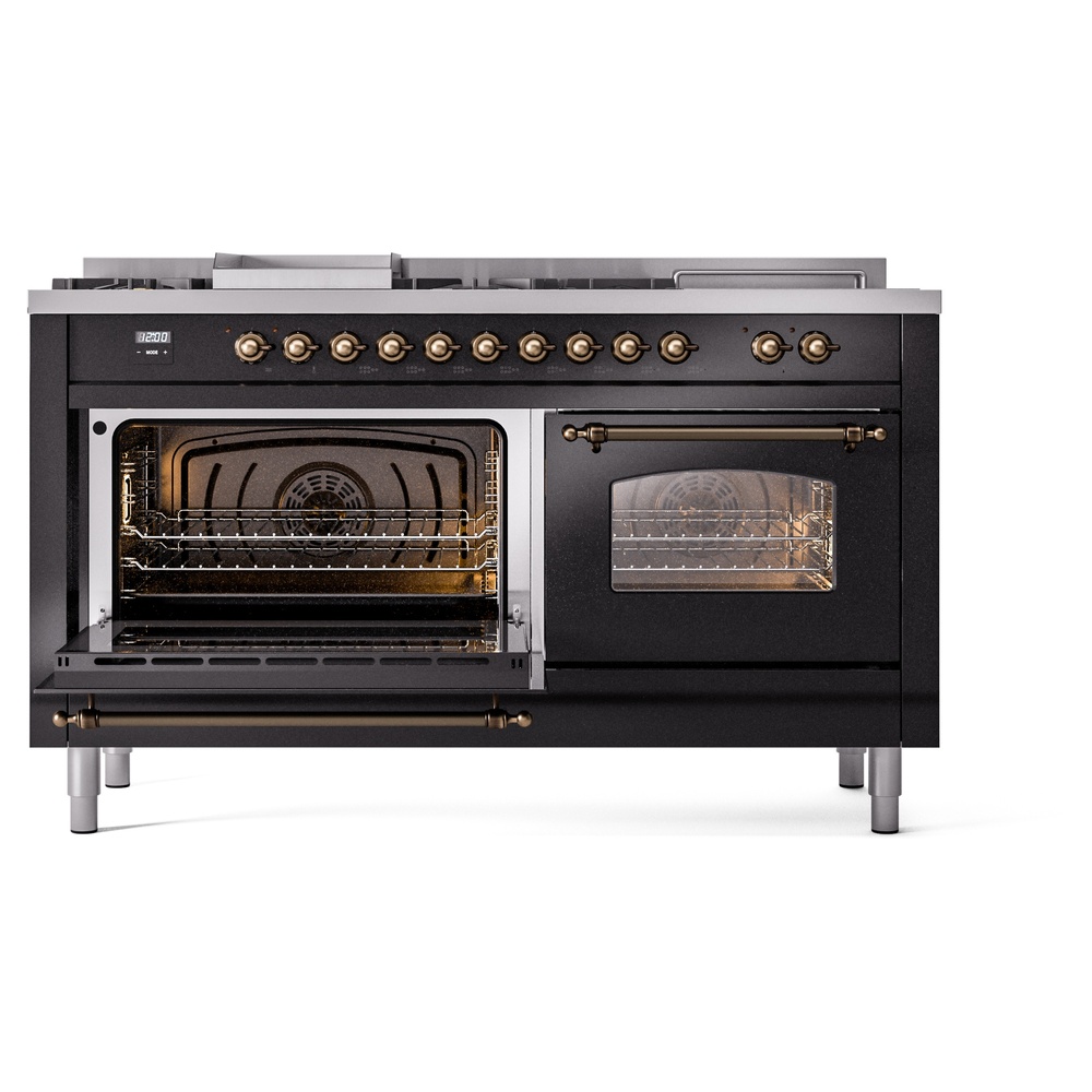 Nostalgie II 60 UP60FSNMPBKB Freestanding Dual Fuel Range with 7 Sealed Burners with Griddle and French Top Double Oven with Triple Glass Door with Bronze knobs UP60FSNMPBKBLP