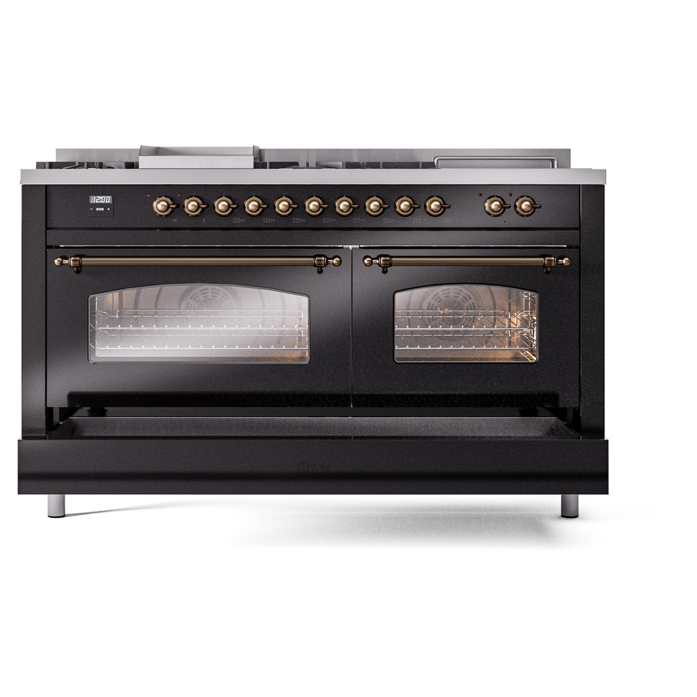 Nostalgie II 60 UP60FSNMPBKB Freestanding Dual Fuel Range with 7 Sealed Burners with Griddle and French Top Double Oven with Triple Glass Door with Bronze knobs UP60FSNMPBKBLP
