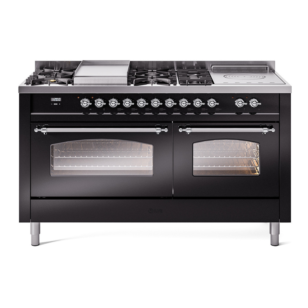 Nostalgie II 60 UP60FSNMPBKC Freestanding Dual Fuel Range with 7 Sealed Burners with Griddle and French Top Double Oven with Triple Glass Door with Chrome knobs UP60FSNMPBKCLP