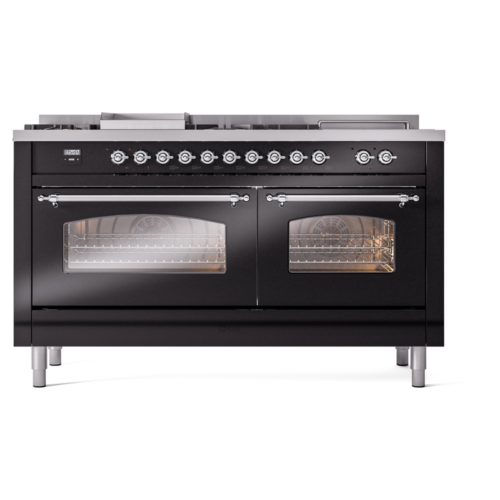 Nostalgie II 60 UP60FSNMPBKC Freestanding Dual Fuel Range with 7 Sealed Burners with Griddle and French Top Double Oven with Triple Glass Door with Chrome knobs UP60FSNMPBKCLP