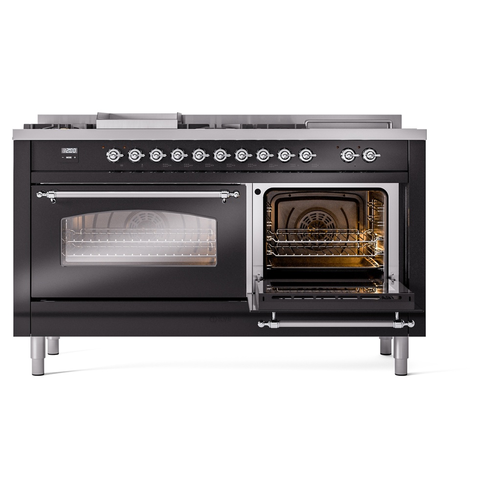Nostalgie II 60 UP60FSNMPBKC Freestanding Dual Fuel Range with 7 Sealed Burners with Griddle and French Top Double Oven with Triple Glass Door with Chrome knobs UP60FSNMPBKCLP