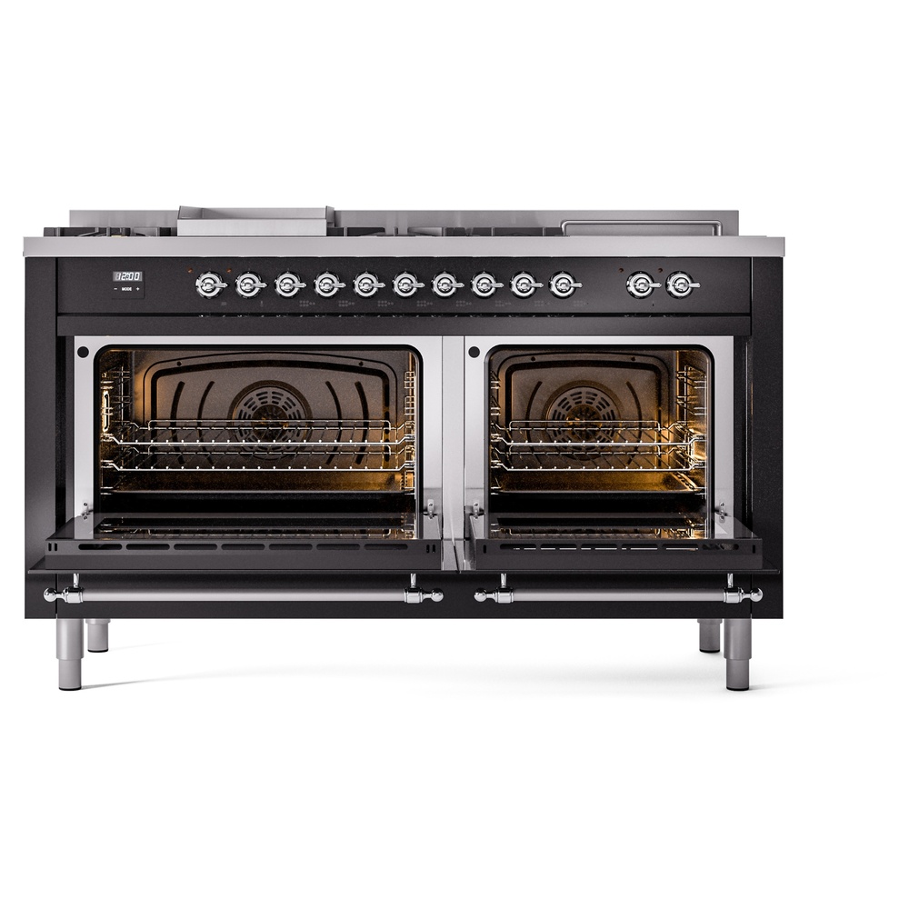 Nostalgie II 60 UP60FSNMPBKC Freestanding Dual Fuel Range with 7 Sealed Burners with Griddle and French Top Double Oven with Triple Glass Door with Chrome knobs UP60FSNMPBKC