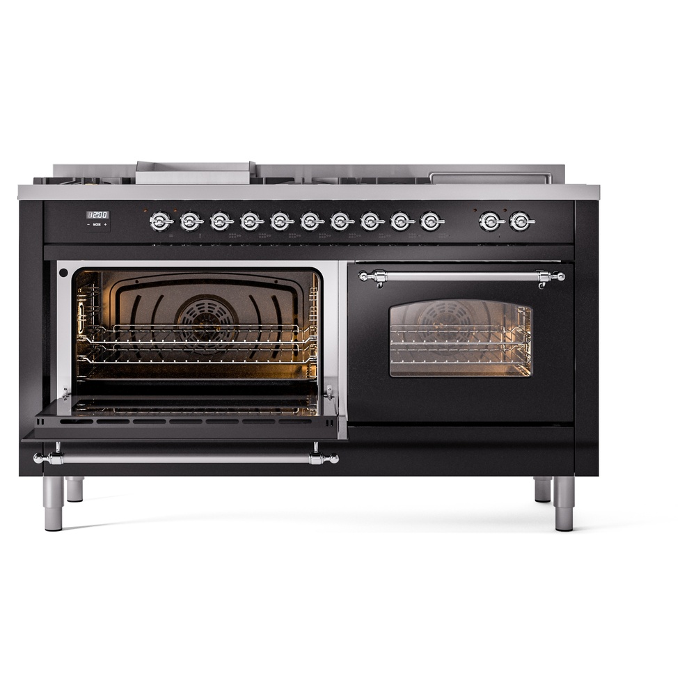 Nostalgie II 60 UP60FSNMPBKC Freestanding Dual Fuel Range with 7 Sealed Burners with Griddle and French Top Double Oven with Triple Glass Door with Chrome knobs UP60FSNMPBKC