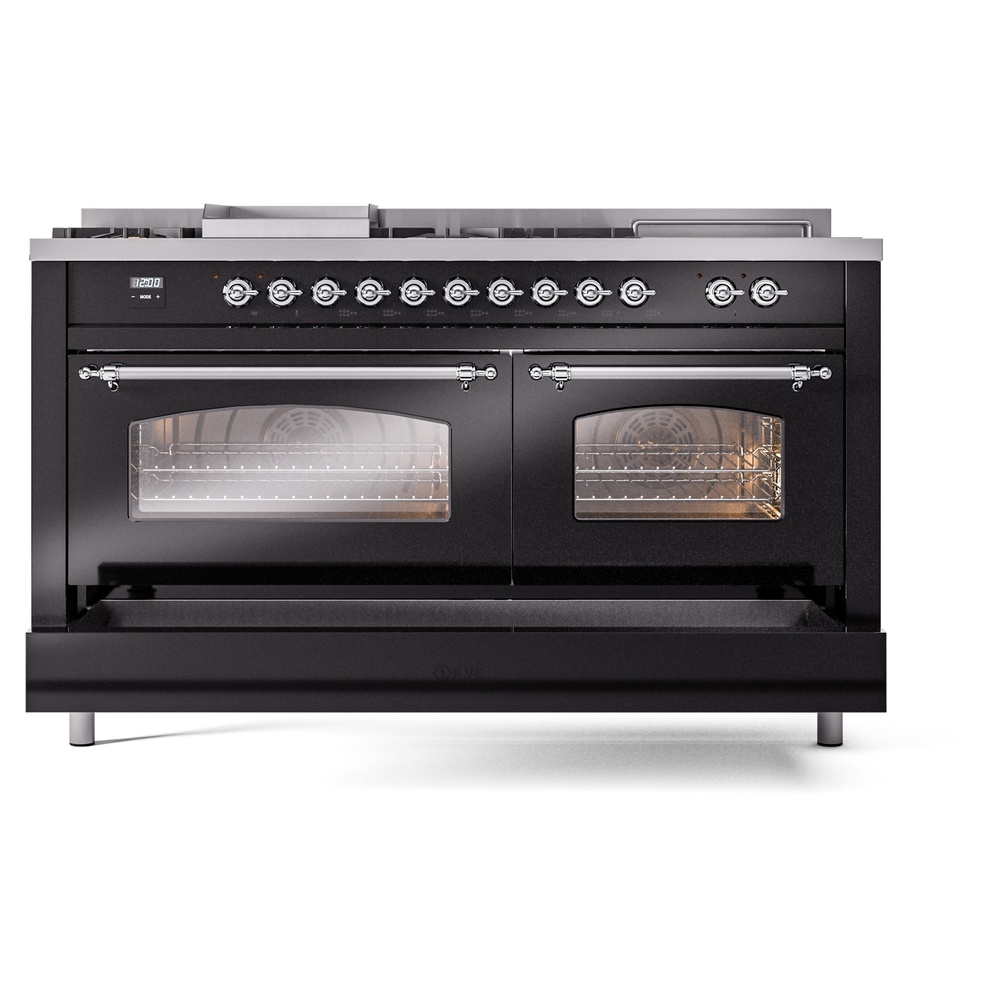Nostalgie II 60 UP60FSNMPBKC Freestanding Dual Fuel Range with 7 Sealed Burners with Griddle and French Top Double Oven with Triple Glass Door with Chrome knobs UP60FSNMPBKC