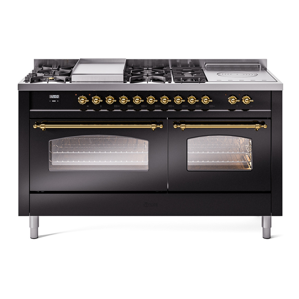 Nostalgie II 60 UP60FSNMPBKG Freestanding Dual Fuel Range with 7 Sealed Burners with Griddle and French Top Double Oven with Triple Glass Door with Brass knobs UP60FSNMPBKGLP