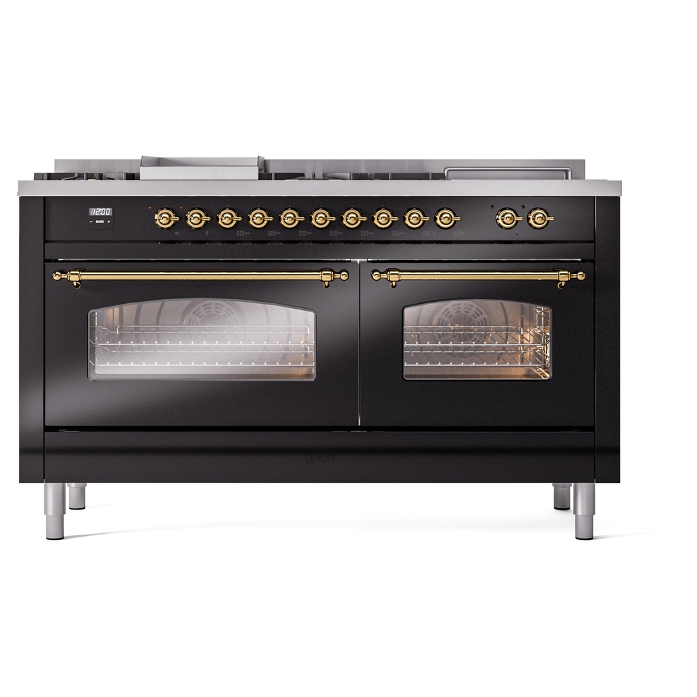 Nostalgie II 60 UP60FSNMPBKG Freestanding Dual Fuel Range with 7 Sealed Burners with Griddle and French Top Double Oven with Triple Glass Door with Brass knobs UP60FSNMPBKGLP