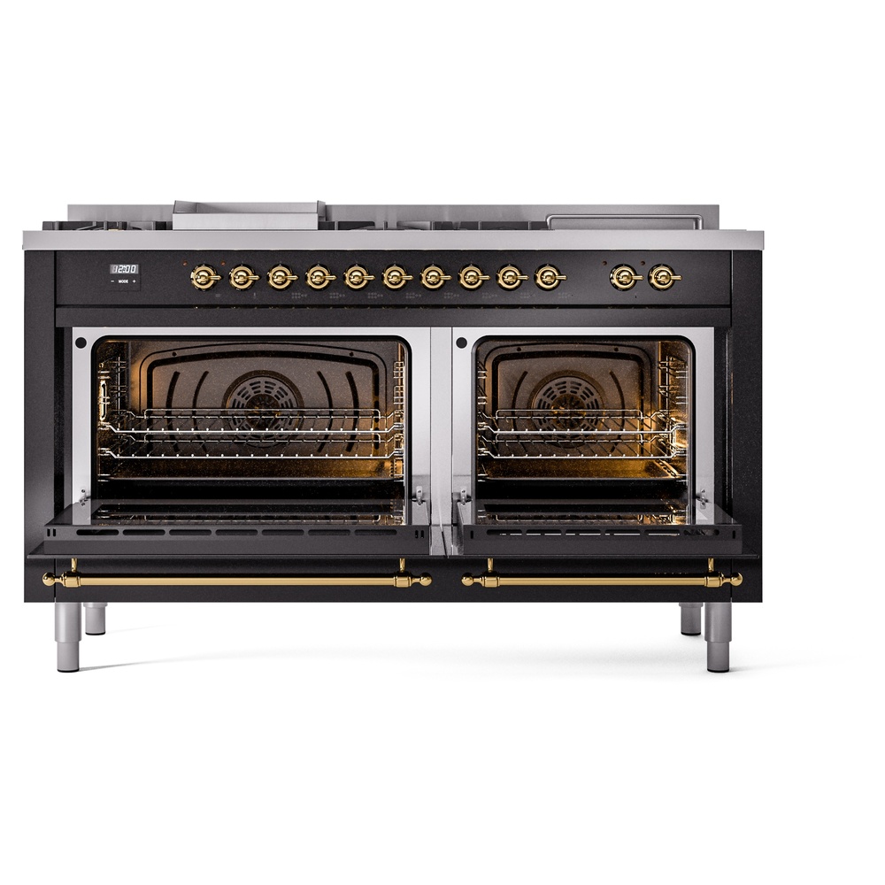 Nostalgie II 60 UP60FSNMPBKG Freestanding Dual Fuel Range with 7 Sealed Burners with Griddle and French Top Double Oven with Triple Glass Door with Brass knobs UP60FSNMPBKG
