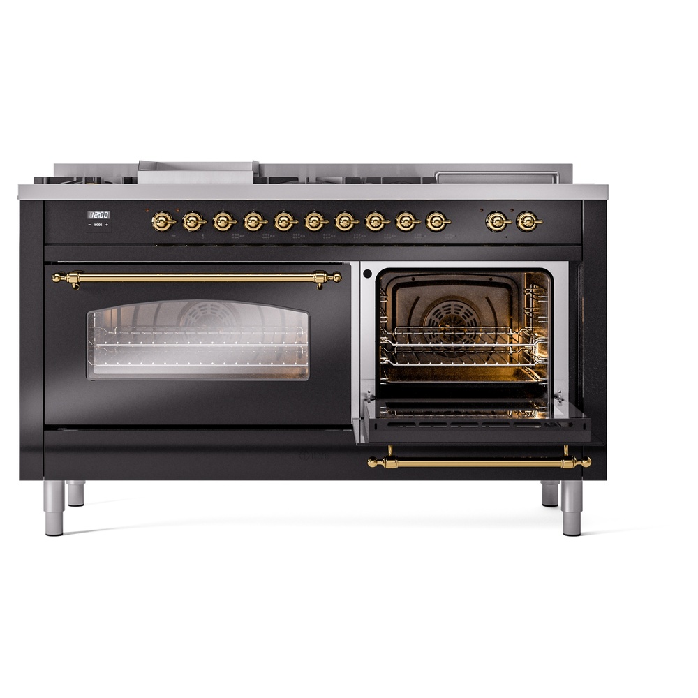 Nostalgie II 60 UP60FSNMPBKG Freestanding Dual Fuel Range with 7 Sealed Burners with Griddle and French Top Double Oven with Triple Glass Door with Brass knobs UP60FSNMPBKG