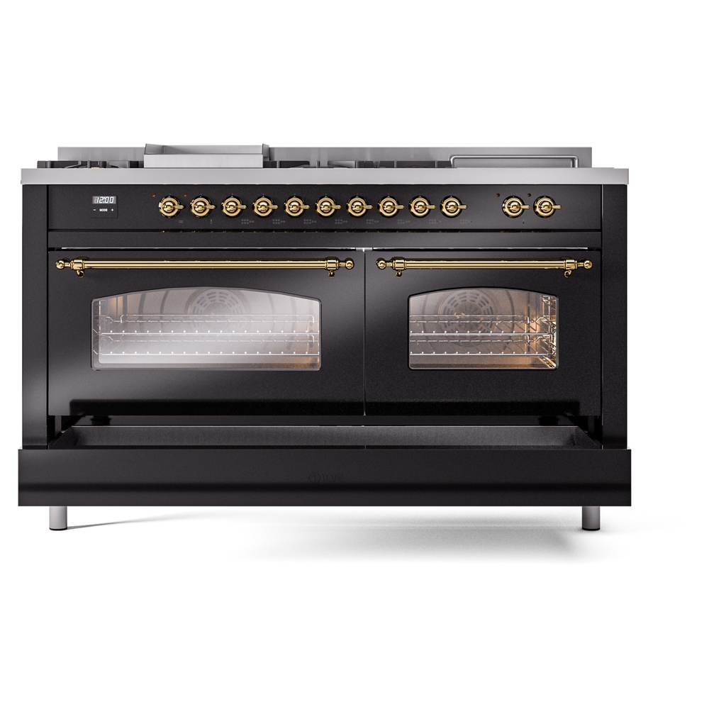 Nostalgie II 60 UP60FSNMPBKG Freestanding Dual Fuel Range with 7 Sealed Burners with Griddle and French Top Double Oven with Triple Glass Door with Brass knobs UP60FSNMPBKG