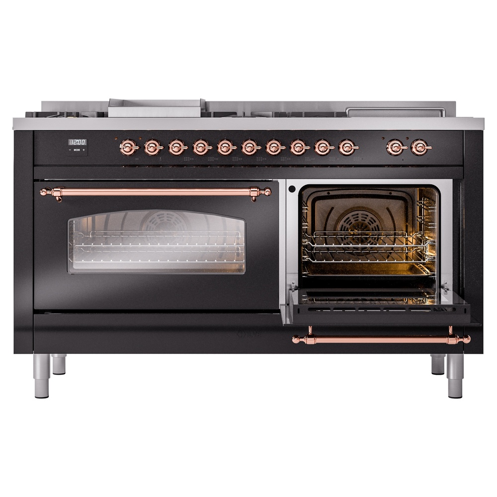 Nostalgie II 60 UP60FSNMPBKP Freestanding Dual Fuel Range with 7 Sealed Burners with Griddle and French Top Double Oven with Triple Glass Door with Copper knobs UP60FSNMPBKPLP
