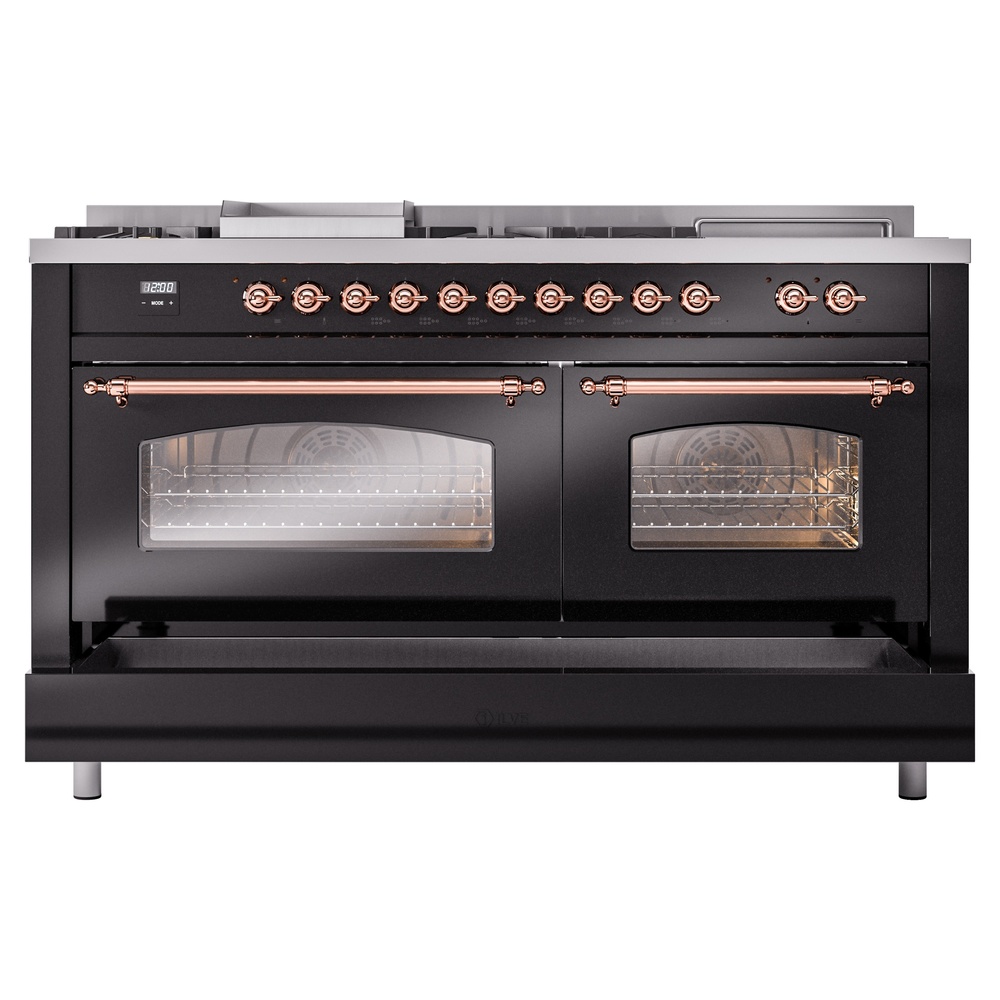 Nostalgie II 60 UP60FSNMPBKP Freestanding Dual Fuel Range with 7 Sealed Burners with Griddle and French Top Double Oven with Triple Glass Door with Copper knobs UP60FSNMPBKPLP