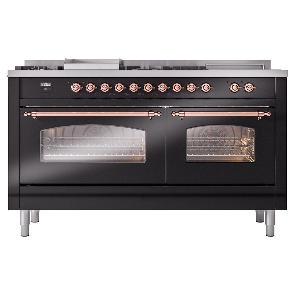 Nostalgie II 60 UP60FSNMPBKP Freestanding Dual Fuel Range with 7 Sealed Burners with Griddle and French Top Double Oven with Triple Glass Door with Copper knobs UP60FSNMPBKP