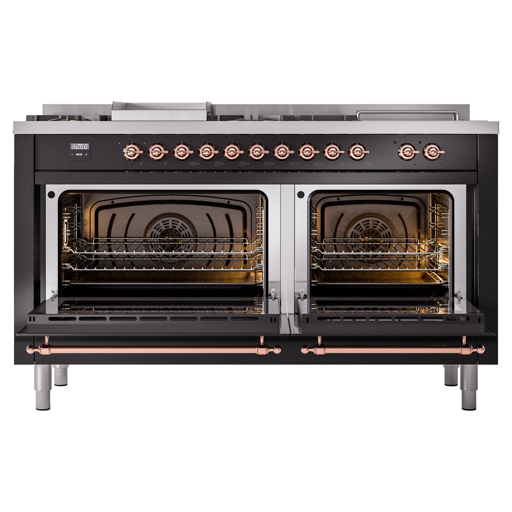 Nostalgie II 60 UP60FSNMPBKP Freestanding Dual Fuel Range with 7 Sealed Burners with Griddle and French Top Double Oven with Triple Glass Door with Copper knobs UP60FSNMPBKP