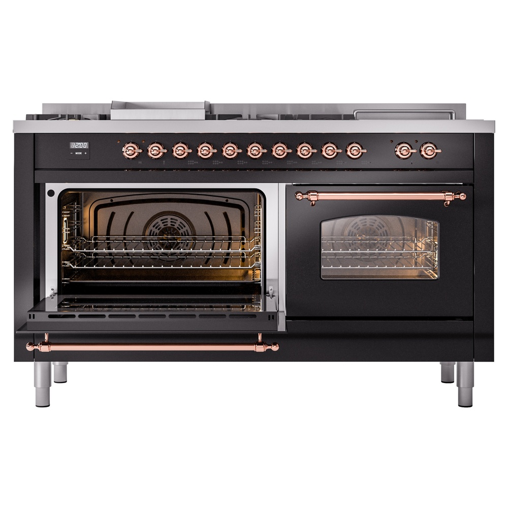 Nostalgie II 60 UP60FSNMPBKP Freestanding Dual Fuel Range with 7 Sealed Burners with Griddle and French Top Double Oven with Triple Glass Door with Copper knobs UP60FSNMPBKP