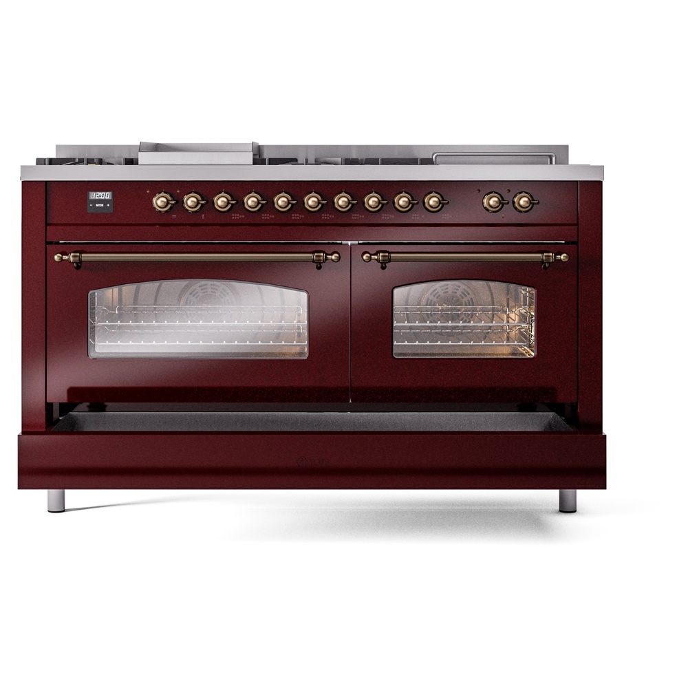 Nostalgie II 60 UP60FSNMPBUB Freestanding Dual Fuel Range with 7 Sealed Burners with Griddle and French Top Double Oven with Triple Glass Door with Bronze knobs UP60FSNMPBUBLP