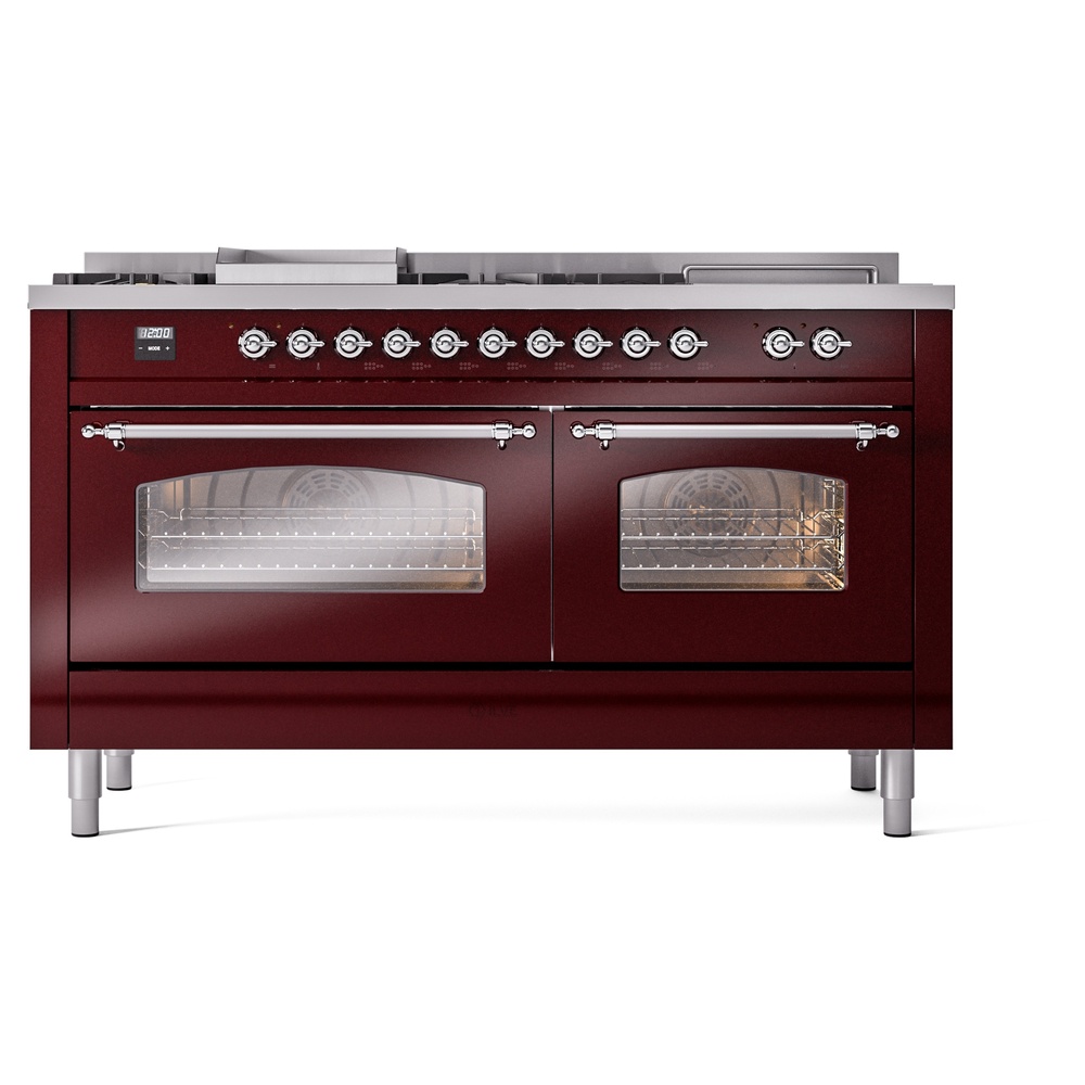 Nostalgie II 60 UP60FSNMPBUC Freestanding Dual Fuel Range with 7 Sealed Burners with Griddle and French Top Double Oven with Triple Glass Door with Chrome knobs UP60FSNMPBUC