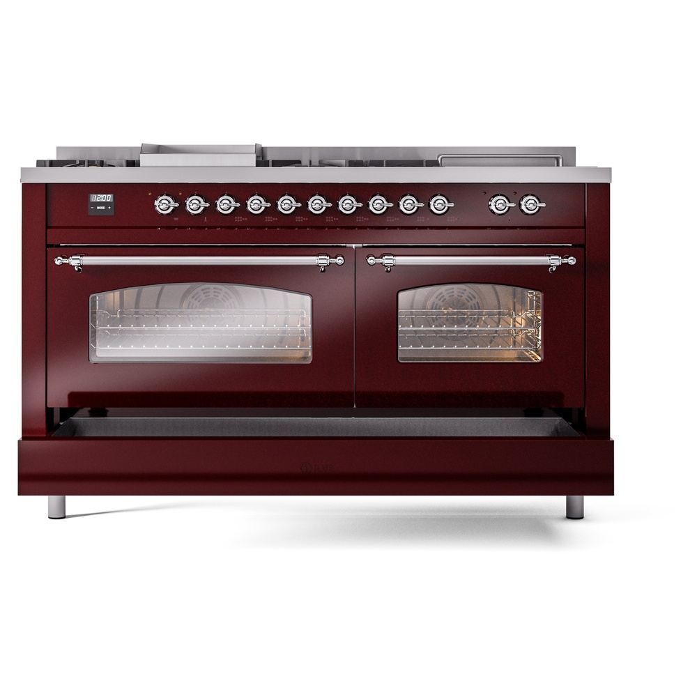 Nostalgie II 60 UP60FSNMPBUC Freestanding Dual Fuel Range with 7 Sealed Burners with Griddle and French Top Double Oven with Triple Glass Door with Chrome knobs UP60FSNMPBUC