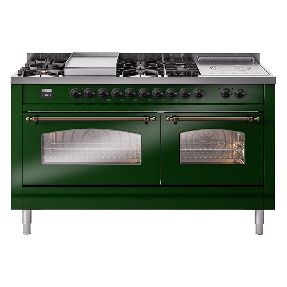Nostalgie II 60 UP60FSNMPEGB Freestanding Dual Fuel Range with 7 Sealed Burners with Griddle and French Top Double Oven with Triple Glass Door with Bronze knobs UP60FSNMPEGBLP