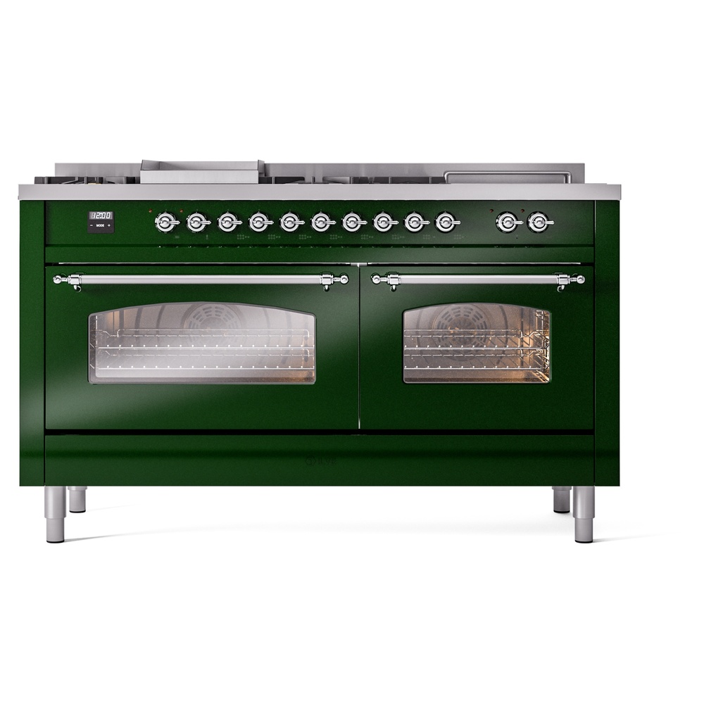 Nostalgie II 60 UP60FSNMPEGC Freestanding Dual Fuel Range with 7 Sealed Burners with Griddle and French Top Double Oven with Triple Glass Door with Chrome knobs UP60FSNMPEGC